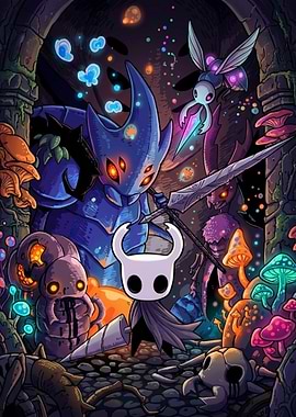 Hollow Knight Characters in Bioluminescent Cave