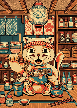 Cute Cat Eating Ramen Illustration