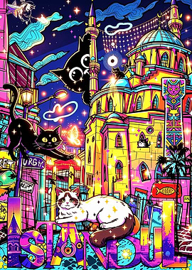 Vibrant Neon Istanbul Cat Illustration