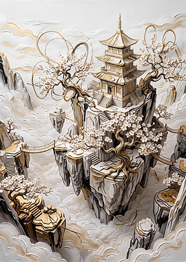 Floating Pagoda in Golden Clouds