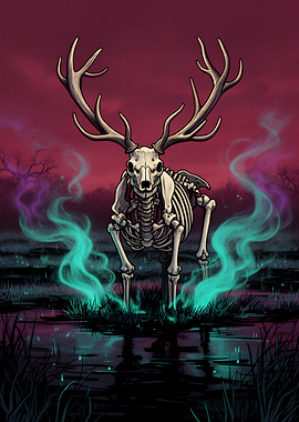 Spectral Skeleton Deer in Dark Swamp