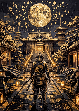 Samurai Standing Before Ancient Temple