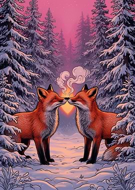 Two Foxes Kissing in Snowy Forest