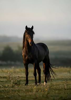 Majestic Black Horse in Morning Mist