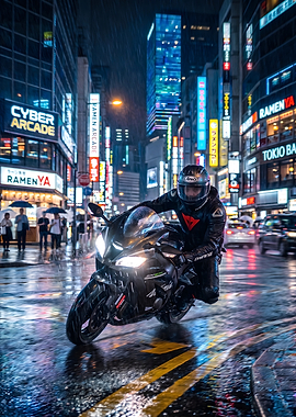 Motorcyclist Riding Through Rainy Tokyo Streets