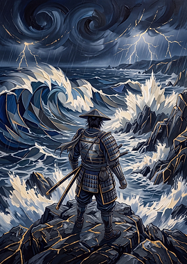 Samurai Standing Before Stormy Ocean