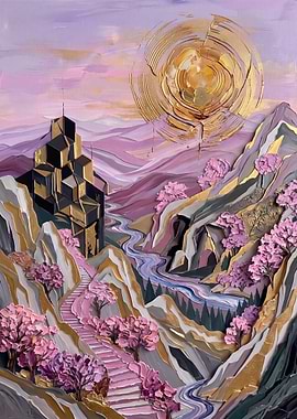 Abstract Golden Sun Over Mountain Landscape
