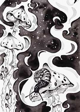 Fairytale Snail and Mushroom Ink Illustration