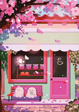 Cute Ghost Cafe Under Cherry Blossoms