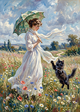 Woman with a Parasol and Black Cat