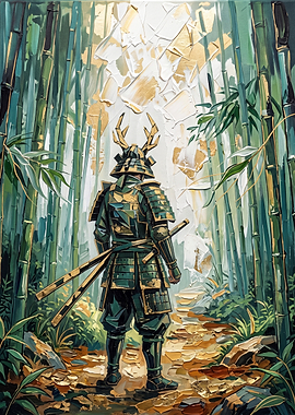 Samurai Standing in Bamboo Forest