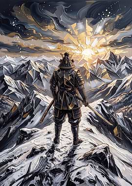 Samurai Standing on Snowy Mountain Peak
