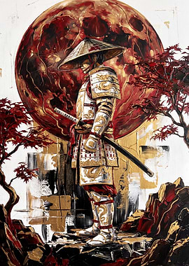 Golden Samurai Under Red Moon