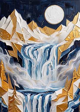 Abstract Gold and Blue Mountain Waterfall