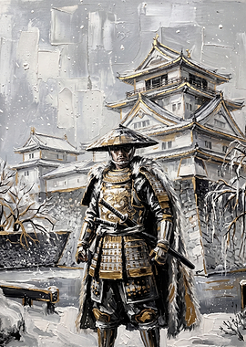 Samurai Warrior Before Japanese Castle