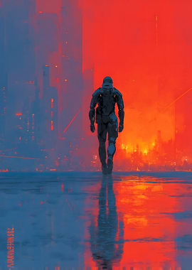 Cyberpunk Soldier Walking Through Fire