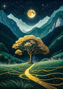 Golden Tree Under a Full Moon in a Mountain Valley