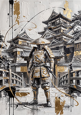 Samurai Warrior Before Japanese Castle