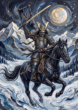 Samurai Warrior Riding Horse in Snow