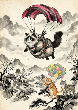 Cats Parachuting and Floating in Ink Wash Style