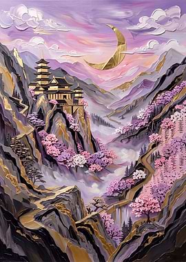 Golden Moon Over Japanese Mountain Temple