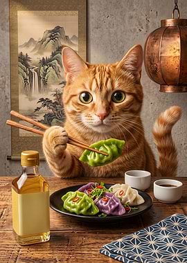 Ginger Cat Eating Colorful Dumplings
