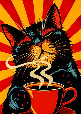Black Cat Enjoying Hot Coffee