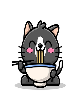 Cute Cat Eating Ramen Noodles