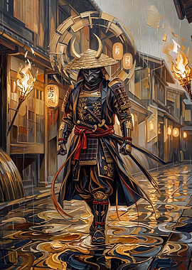 Samurai Warrior in Rainy Street
