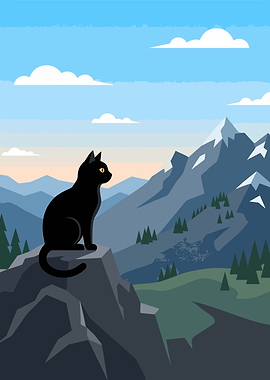 Black Cat Watching Mountain Landscape