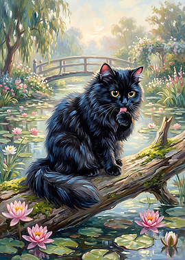 Fluffy Black Cat licking paw on Monet Pond Log