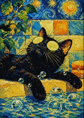 Van Gogh Style Black Cat Spa