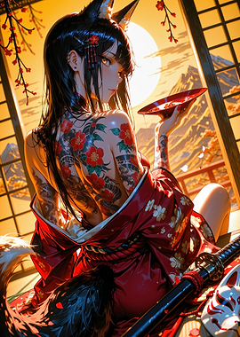 Fox Girl with Floral Tattoo