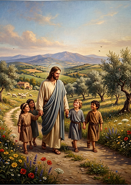 Jesus Walking with Children in Nature