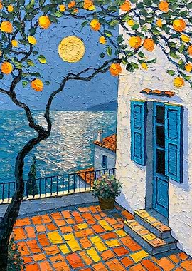 Moonlit Mediterranean Terrace with Orange Tree