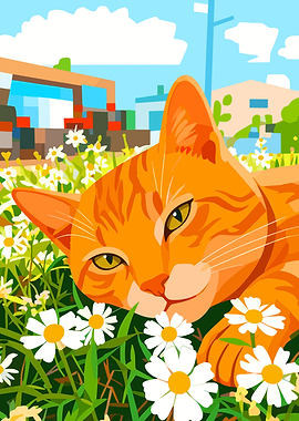 Orange Tabby Cat in Daisies