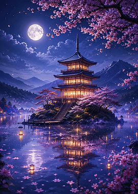 Illuminated Japanese Pagoda Under Full Moon