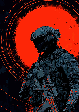 Tactical Soldier Against Red Sun