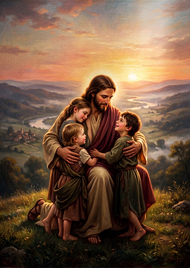 Jesus Embracing Children at Sunset