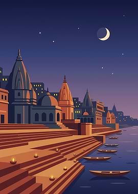 Varanasi Ghats at Night Illustration