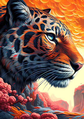 Stylized Tiger Portrait in Sunset Landscape