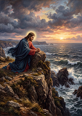 Jesus Praying on a Rocky Cliff
