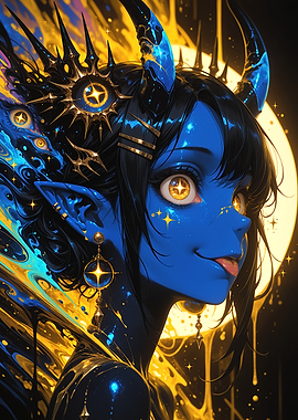 Blue Demon Girl with Golden Glow