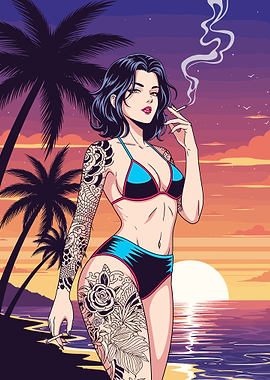 Tattooed Woman Smoking at Sunset