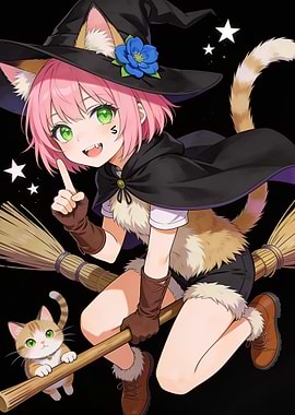 Cute Cat Girl Witch Flying