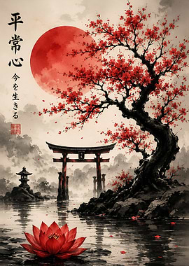 Japanese Torii Gate and Red Blossoms