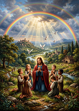 Jesus Praying with Children in Nature