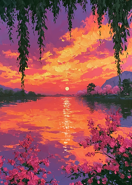 Vibrant Sunset Over Calm Lake