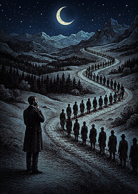 Man Watching a Line of Travelers