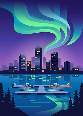 Seaplanes at City Waterfront Under Aurora
